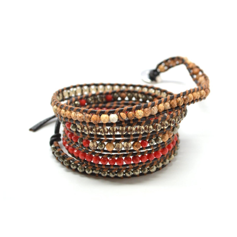 The Daring One - 34" Red and Tan Multicolor Beaded Brown Leather Wrap Bracelet Image 2