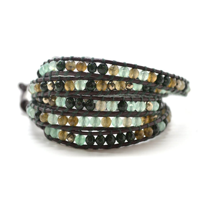 The Perfect Camouflage - 34" Green Opal Blue and Tan Beaded Brown Leather Wrap Bracelet Image 1