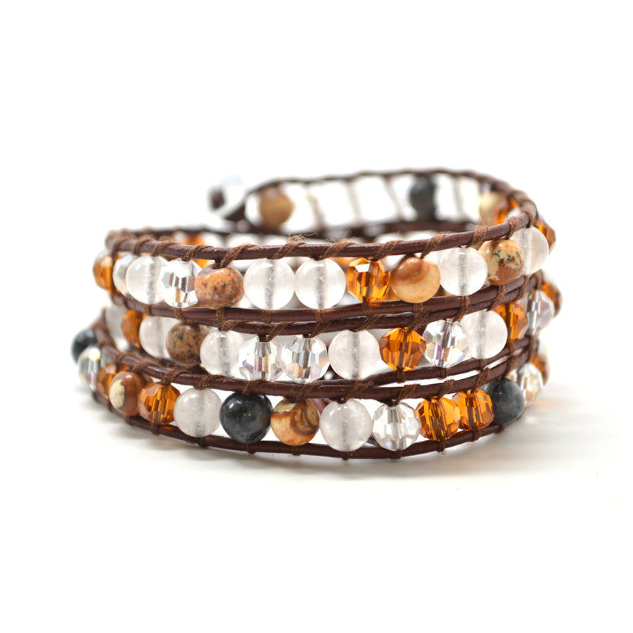 Bohemian Multi-Colored Agate Stone Beads On Authentic Brown Leather Wrap Image 1