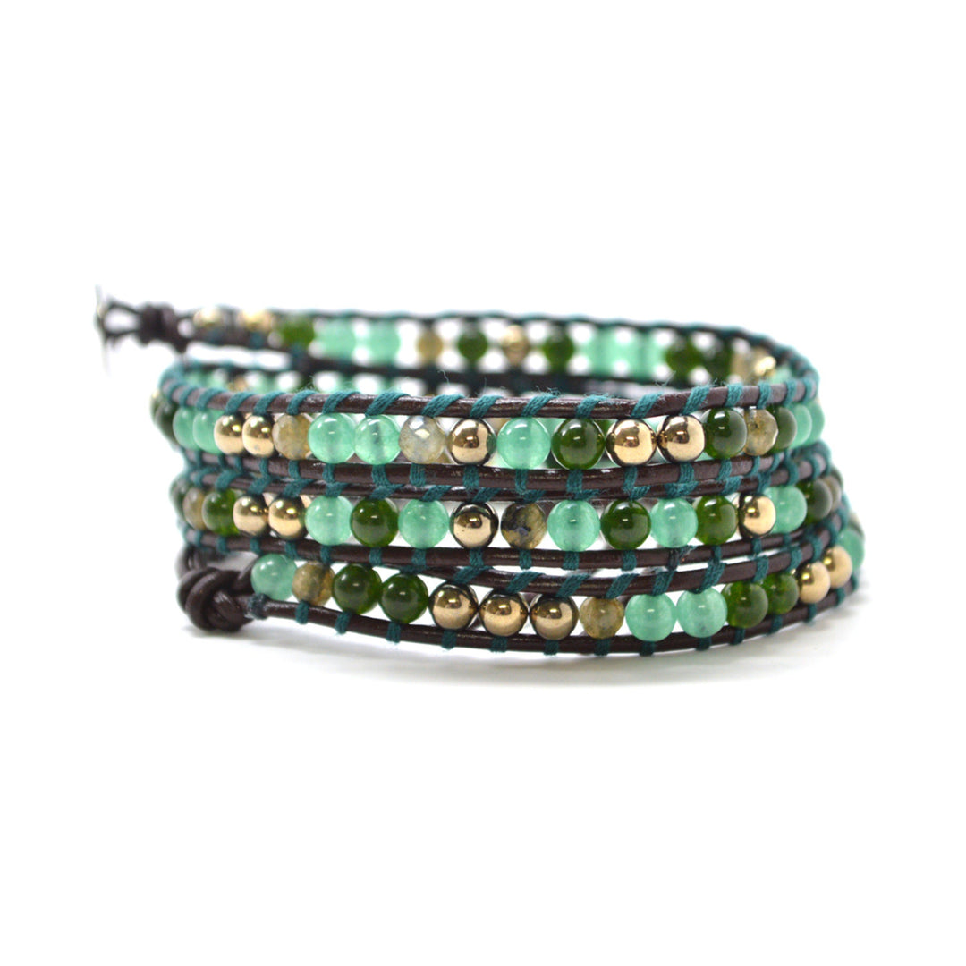 HOLIDAY CLEARANCE SALE! The Perfect Camouflage - 23" Green Opal Blue and Tan Beaded Brown Leather Wrap Bracelet Image 1