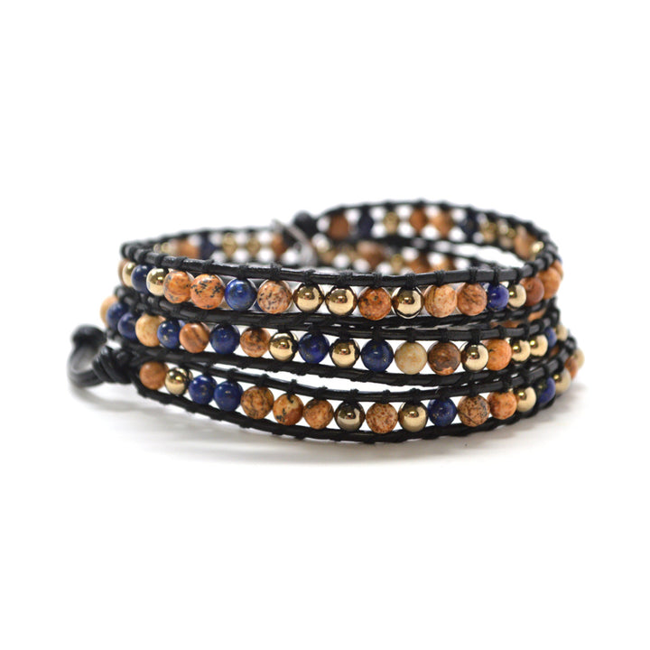 HOLIDAY CLEARANCE SALE! The Wild Spirited - 23" Rustic Blue and Earth Tone Beaded Black Leather Wrap Bracelet Image 1