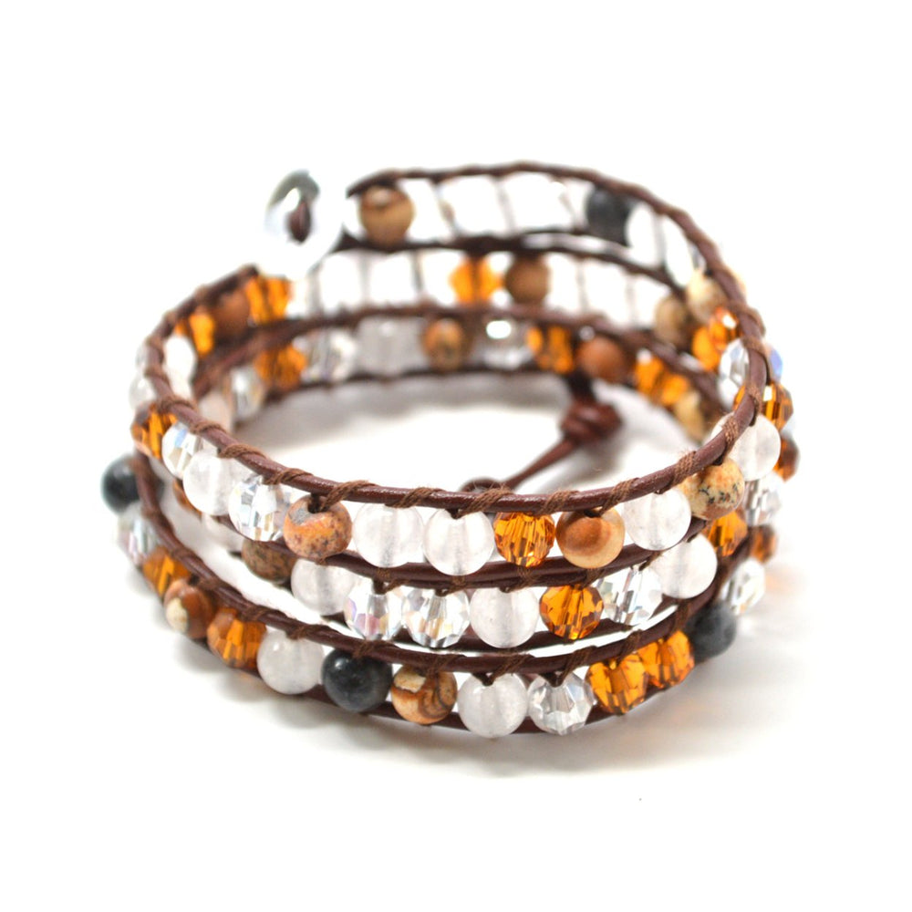 Bohemian Multi-Colored Agate Stone Beads On Authentic Brown Leather Wrap Image 2