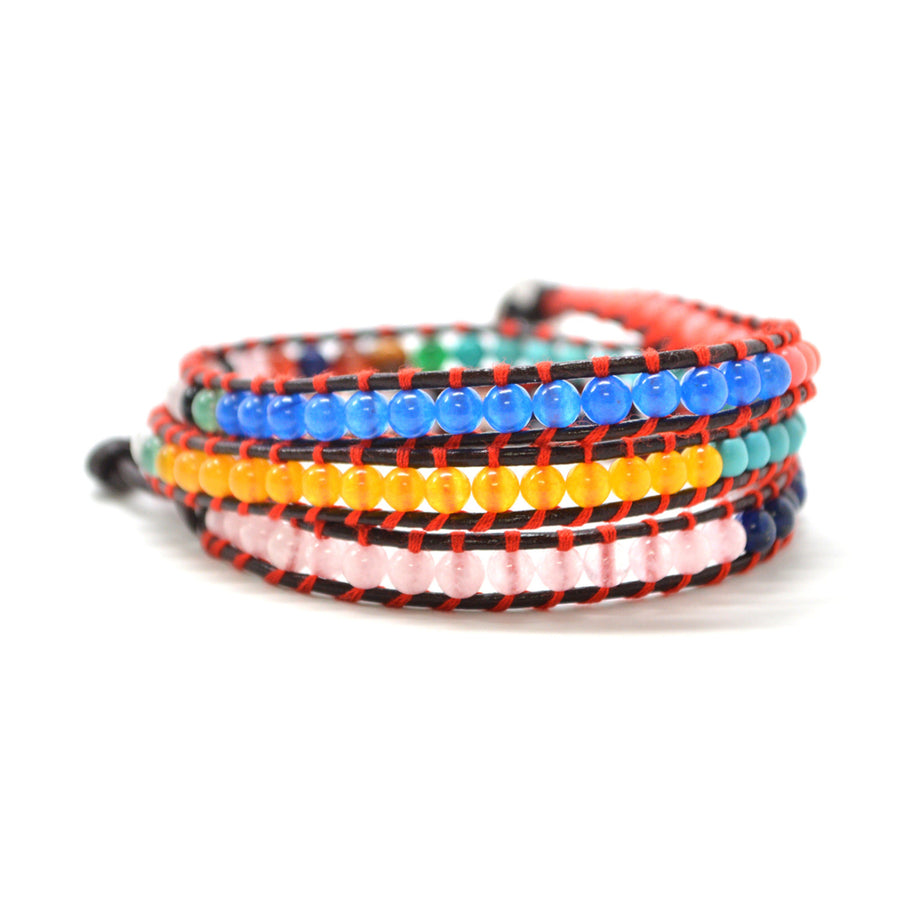 HOLIDAY CLEARANCE SALE! The Summer Fiesta - 23" Bright Multi-Color Beaded Brown Leather Wrap Bracelet Image 1