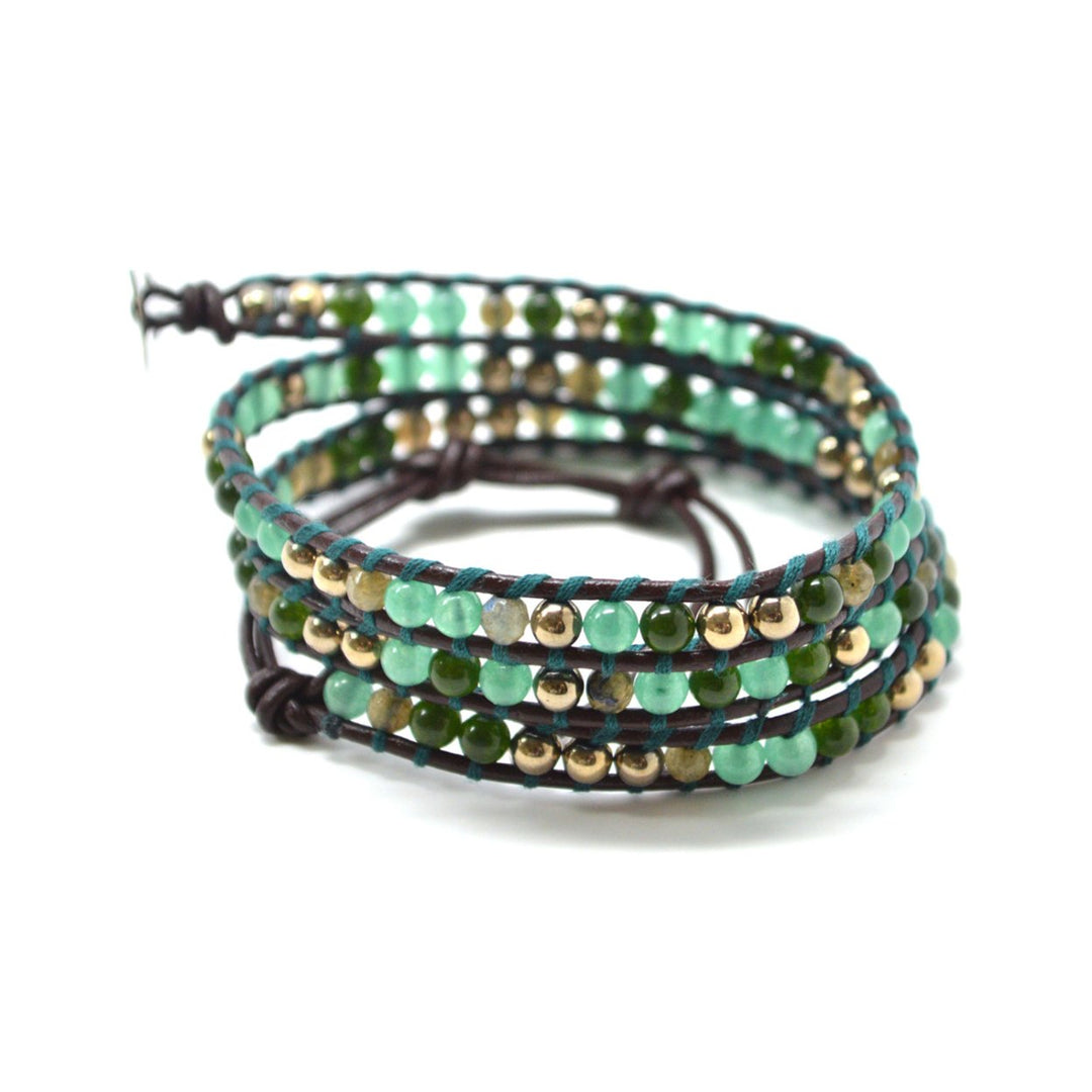 HOLIDAY CLEARANCE SALE! The Perfect Camouflage - 23" Green Opal Blue and Tan Beaded Brown Leather Wrap Bracelet Image 2