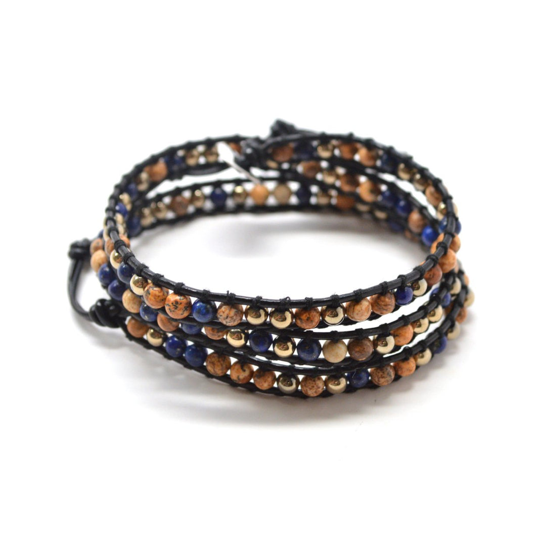 HOLIDAY CLEARANCE SALE! The Wild Spirited - 23" Rustic Blue and Earth Tone Beaded Black Leather Wrap Bracelet Image 2