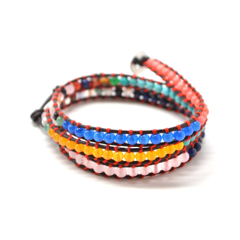 HOLIDAY CLEARANCE SALE! The Summer Fiesta - 23" Bright Multi-Color Beaded Brown Leather Wrap Bracelet Image 2