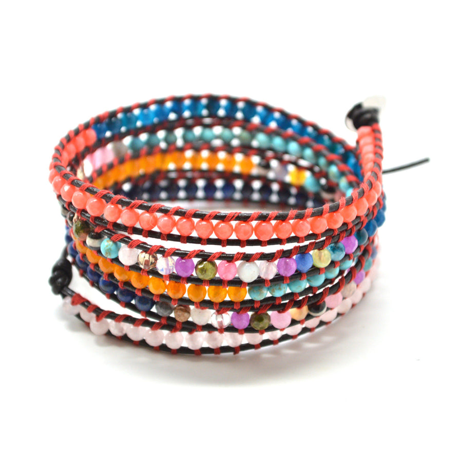 The Summer Fiesta - 34" Bright Multi-Color Beaded Brown Leather Wrap Bracelet Image 1