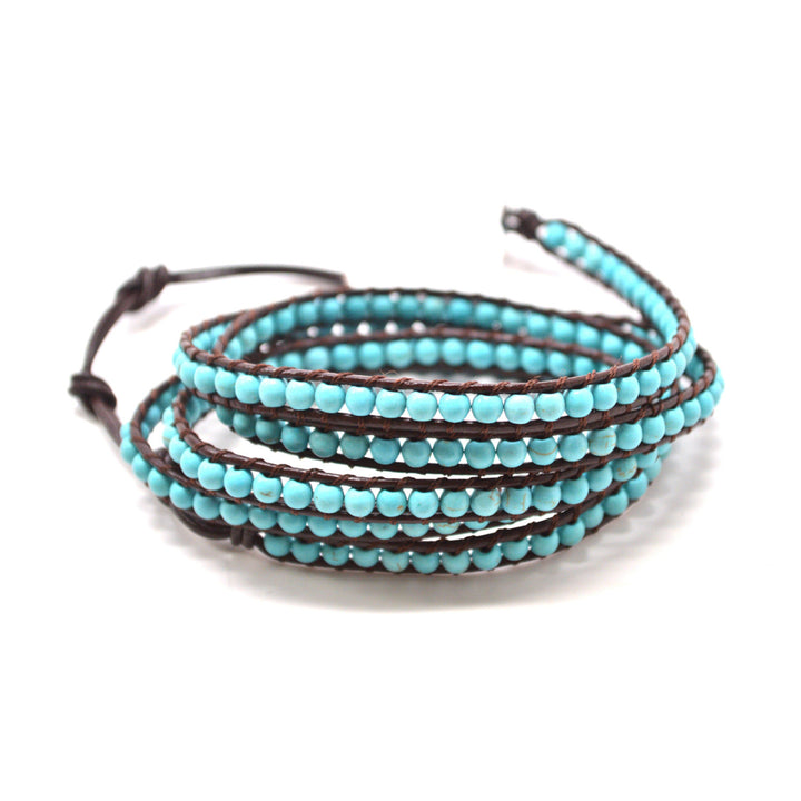 HOLIDAY CLEARANCE SALE! The Natural Charmer - 34" Turquoise Beaded Brown Leather Wrap Bracelet Image 1