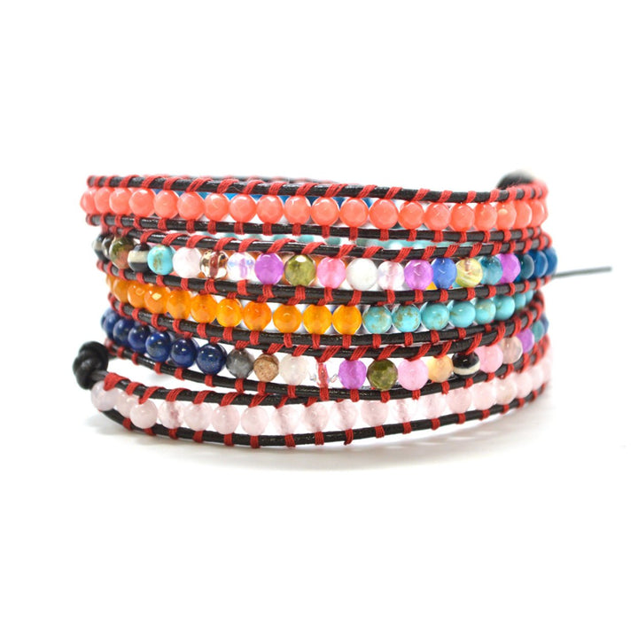 The Summer Fiesta - 34" Bright Multi-Color Beaded Brown Leather Wrap Bracelet Image 2