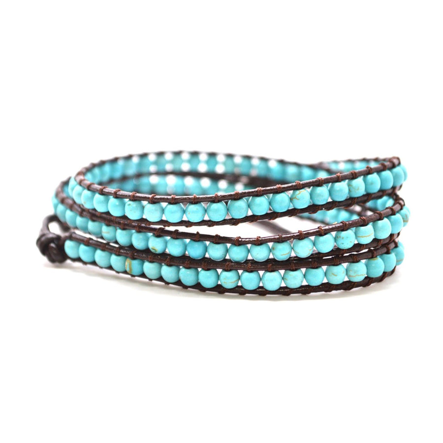 HOLIDAY CLEARANCE SALE! The Natural Charmer - 23" Turquoise Beaded Brown Leather Wrap Bracelet Image 1