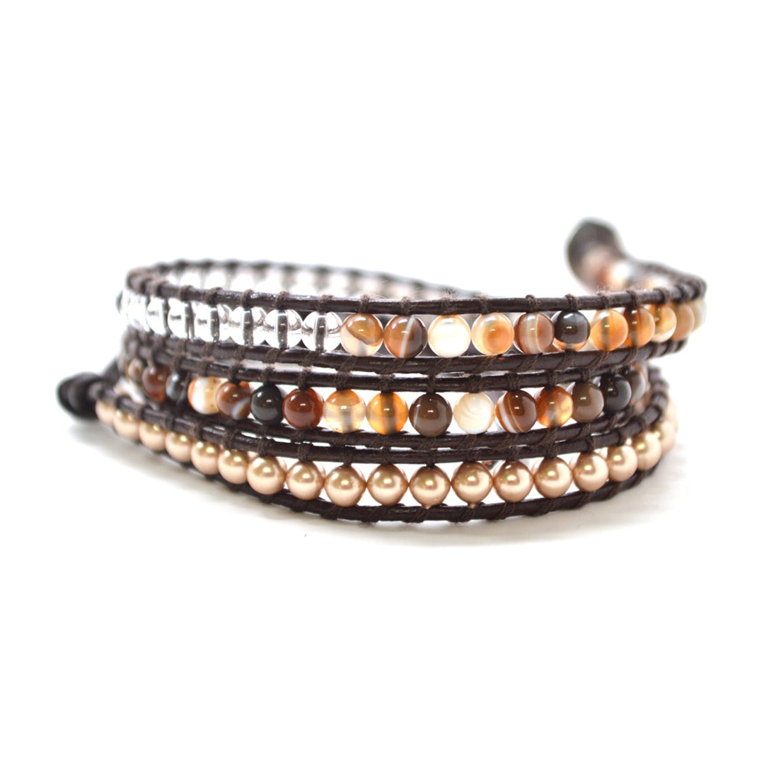 Brown Neutral Semi-Precious Stones Bead With Authentic Dark Brown Leather Wrap Bracelet 3 Wrap 23in Image 1