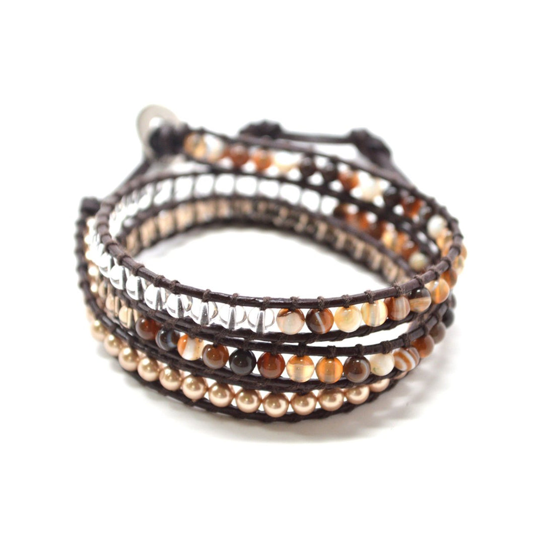 Brown Neutral Semi-Precious Stones Bead With Authentic Dark Brown Leather Wrap Bracelet 3 Wrap 23in Image 2