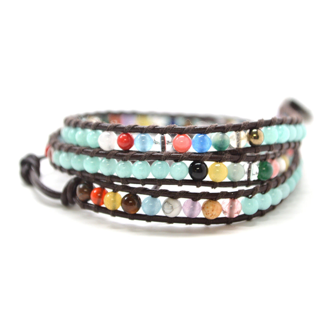 HOLIDAY CLEARANCE SALE! The Life in Colors - 23" Opal Blue and Multi-color Beaded Brown Leather Wrap Bracelet Image 1