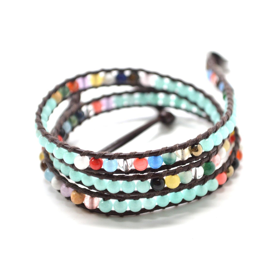 HOLIDAY CLEARANCE SALE! The Life in Colors - 23" Opal Blue and Multi-color Beaded Brown Leather Wrap Bracelet Image 2