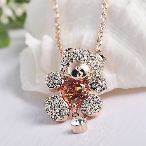 Rose Gold Color Finish Teddy Bear Pendant With Amber or Clear Heart And Austrian Crystal Necklace Image 1