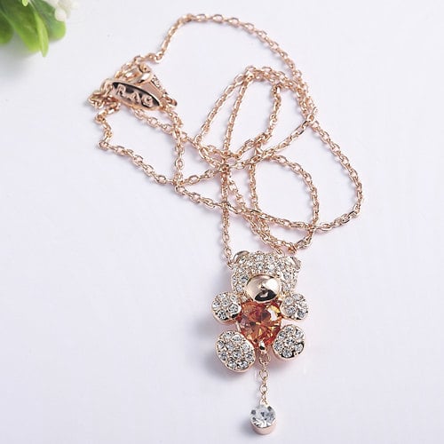 Rose Gold Color Finish Teddy Bear Pendant With Amber or Clear Heart And Austrian Crystal Necklace Image 2