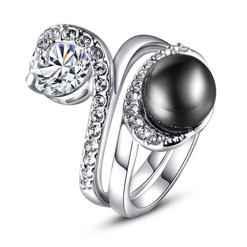 Classic Imitation Black Pearl Ring With Zircon Crystals Set On A White Gold Plated Band Image 1