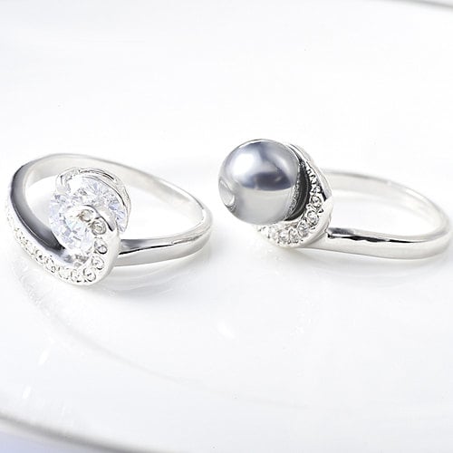 Classic Imitation Black Pearl Ring With Zircon Crystals Set On A White Gold Plated Band Image 2