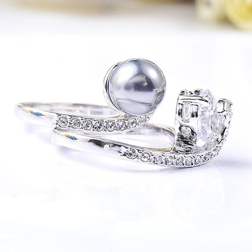 Classic Imitation Black Pearl Ring With Zircon Crystals Set On A White Gold Plated Band Image 3