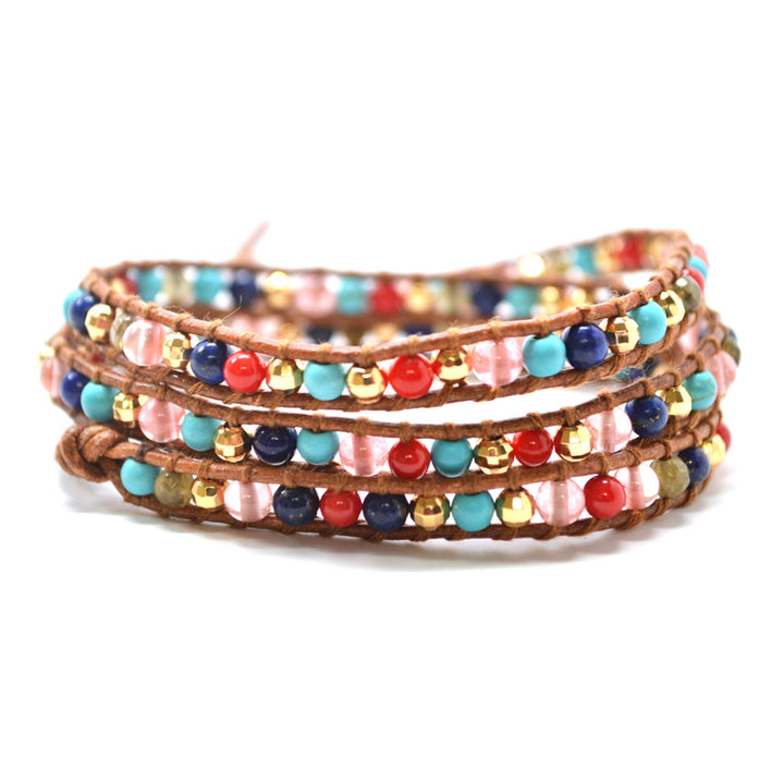HOLIDAY CLEARANCE SALE! The Gypsy Love - 23" Multi-Color Beaded Brown Leather Wrap Bracelet Image 1