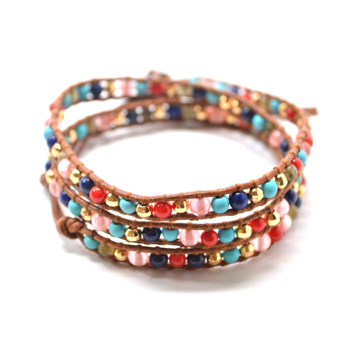 HOLIDAY CLEARANCE SALE! The Gypsy Love - 23" Multi-Color Beaded Brown Leather Wrap Bracelet Image 2