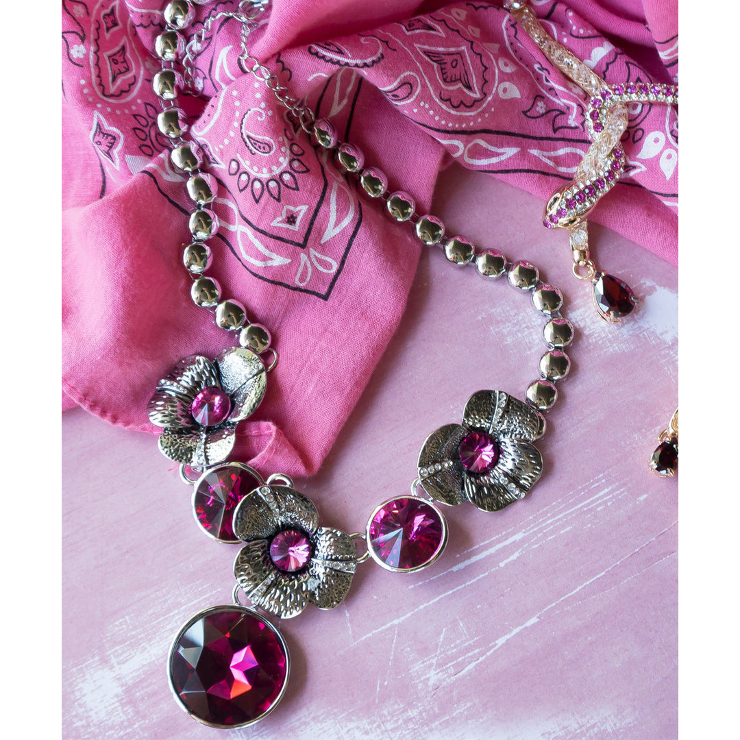 Silver Plated Hawaiian Flower Pink Gemstone Statement Necklace Image 1