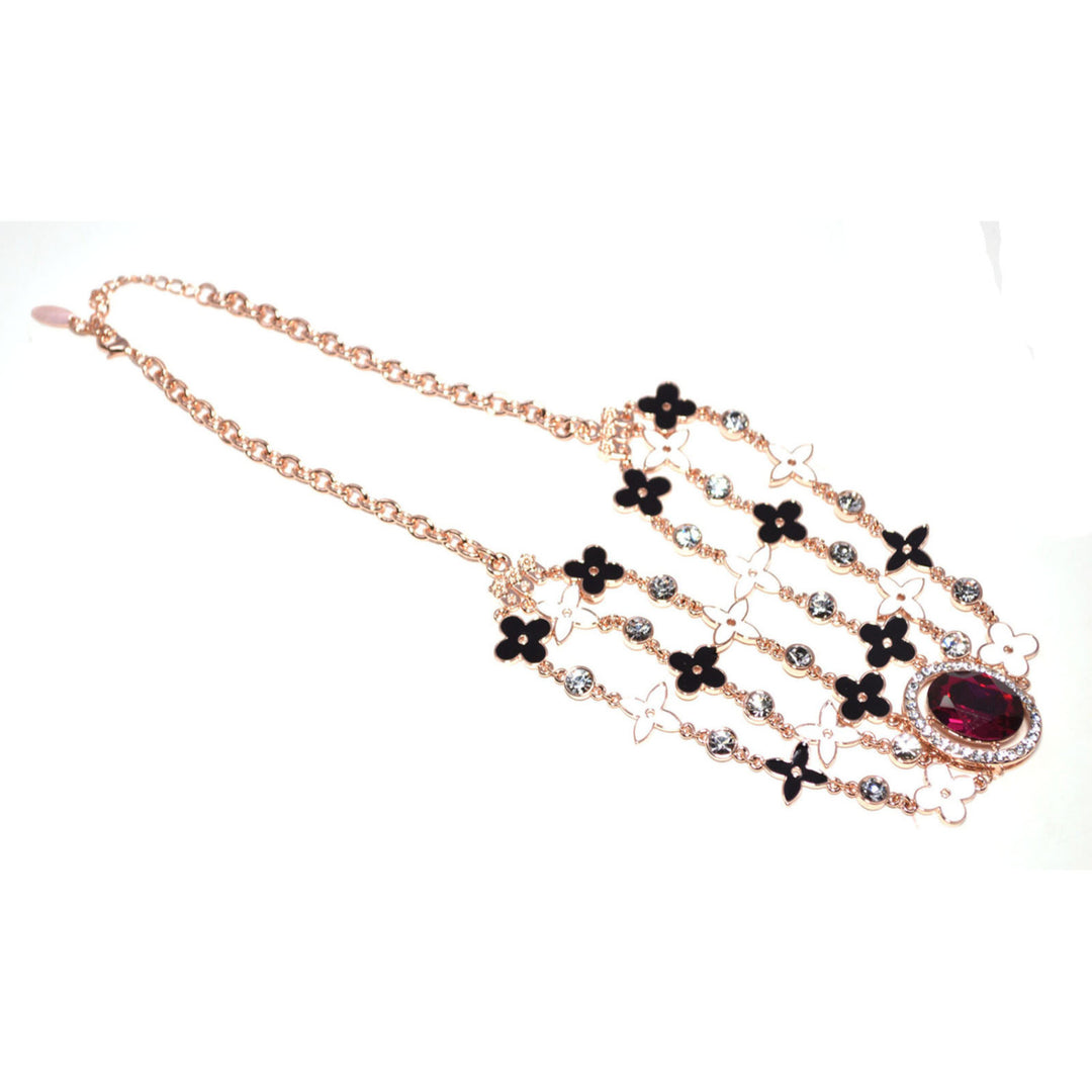 Single Red Gemstone Black and White Flower Choker Necklace on Rose Gold Plated Chain Image 3