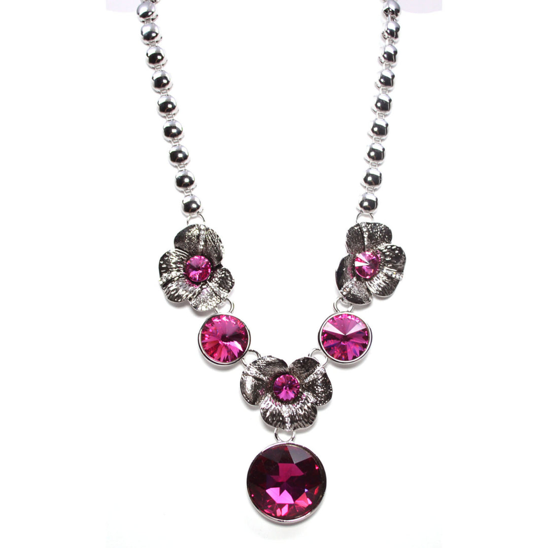 Silver Plated Hawaiian Flower Pink Gemstone Statement Necklace Image 2