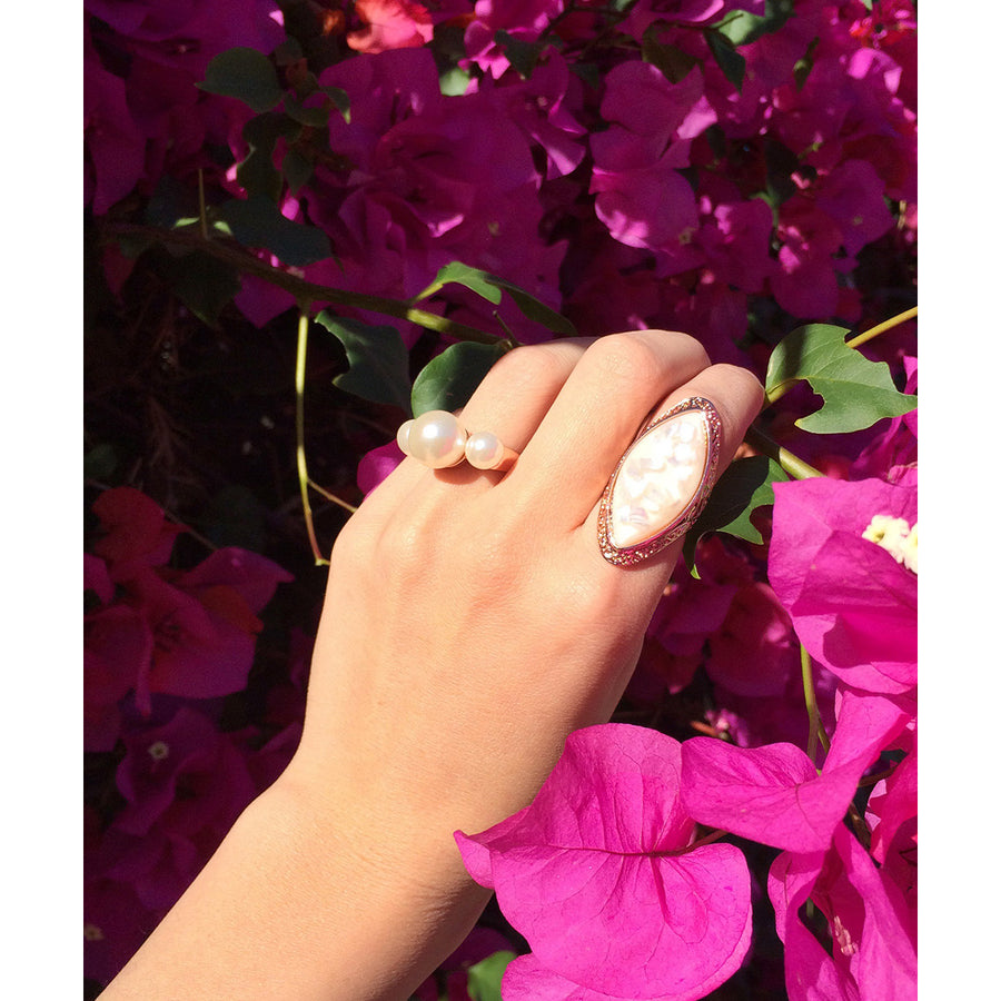 18k Rose Gold Plated Mother of Pearl Iridescent Statement Split Shank Cocktail Ring Image 1