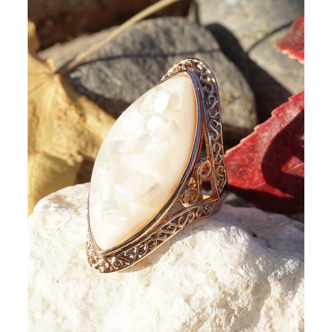 18k Rose Gold Plated Mother of Pearl Iridescent Statement Split Shank Cocktail Ring Image 2