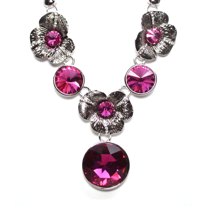 Silver Plated Hawaiian Flower Pink Gemstone Statement Necklace Image 3