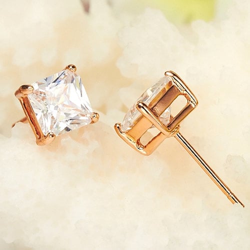 Princess Cut Zircon Crystal Solitaire Studs With Studded Backing On Rose Gold Plated Base Mothers Day Gift Idea Image 1