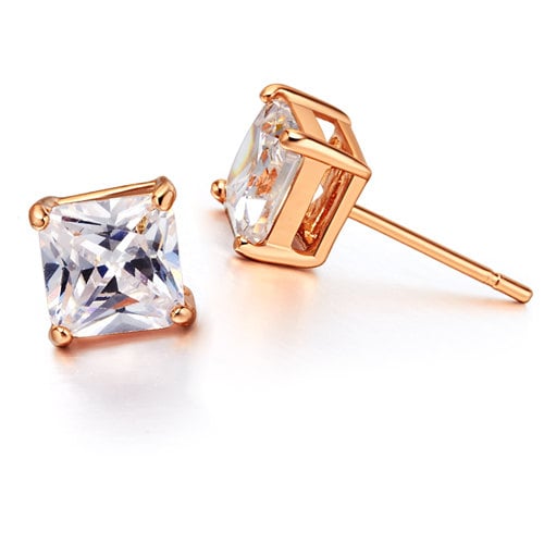 Princess Cut Zircon Crystal Solitaire Studs With Studded Backing On Rose Gold Plated Base Mothers Day Gift Idea Image 2