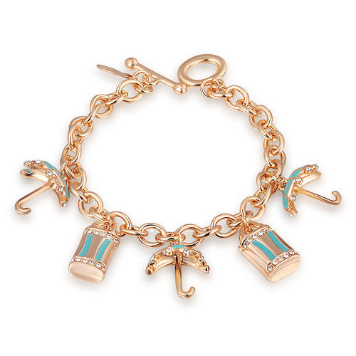 18k Gold Charm Bracelet With Small Enamel Bags and Umbrella Charms T-bar Chain Bracelet Image 1