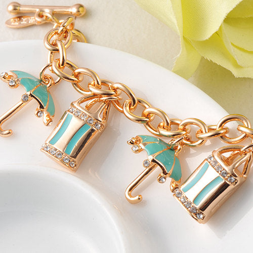 18k Gold Charm Bracelet With Small Enamel Bags and Umbrella Charms T-bar Chain Bracelet Image 2