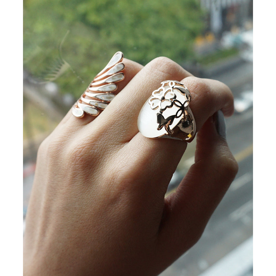 Rose Gold Plated Flower and Butterfly Cut Out with White Moonstone Fashion Cocktail Ring Image 1