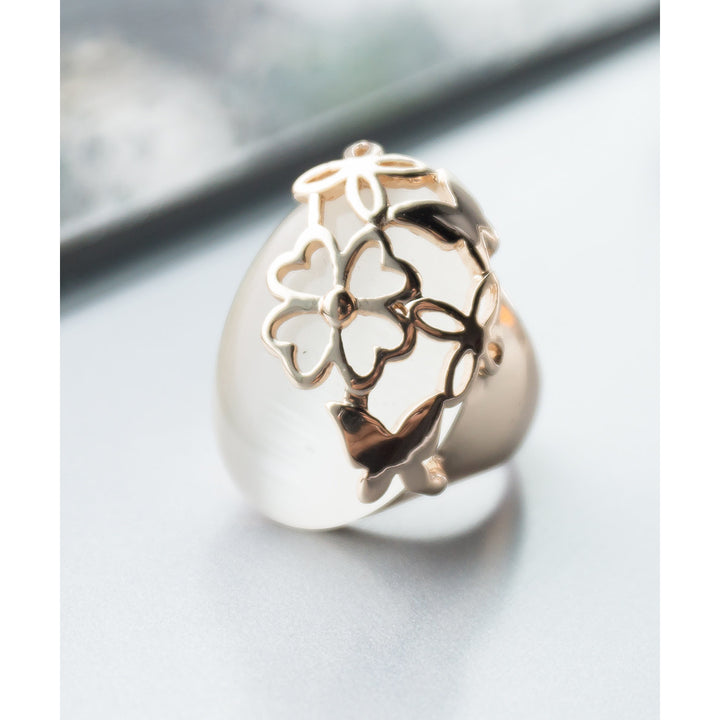 Rose Gold Plated Flower and Butterfly Cut Out with White Moonstone Fashion Cocktail Ring Image 2