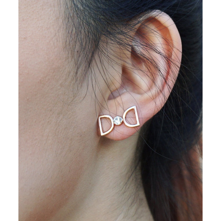 Fancy Ribbon Cute Rose Gold Plated Single Crystal Bow Tie Stud Earring Image 1