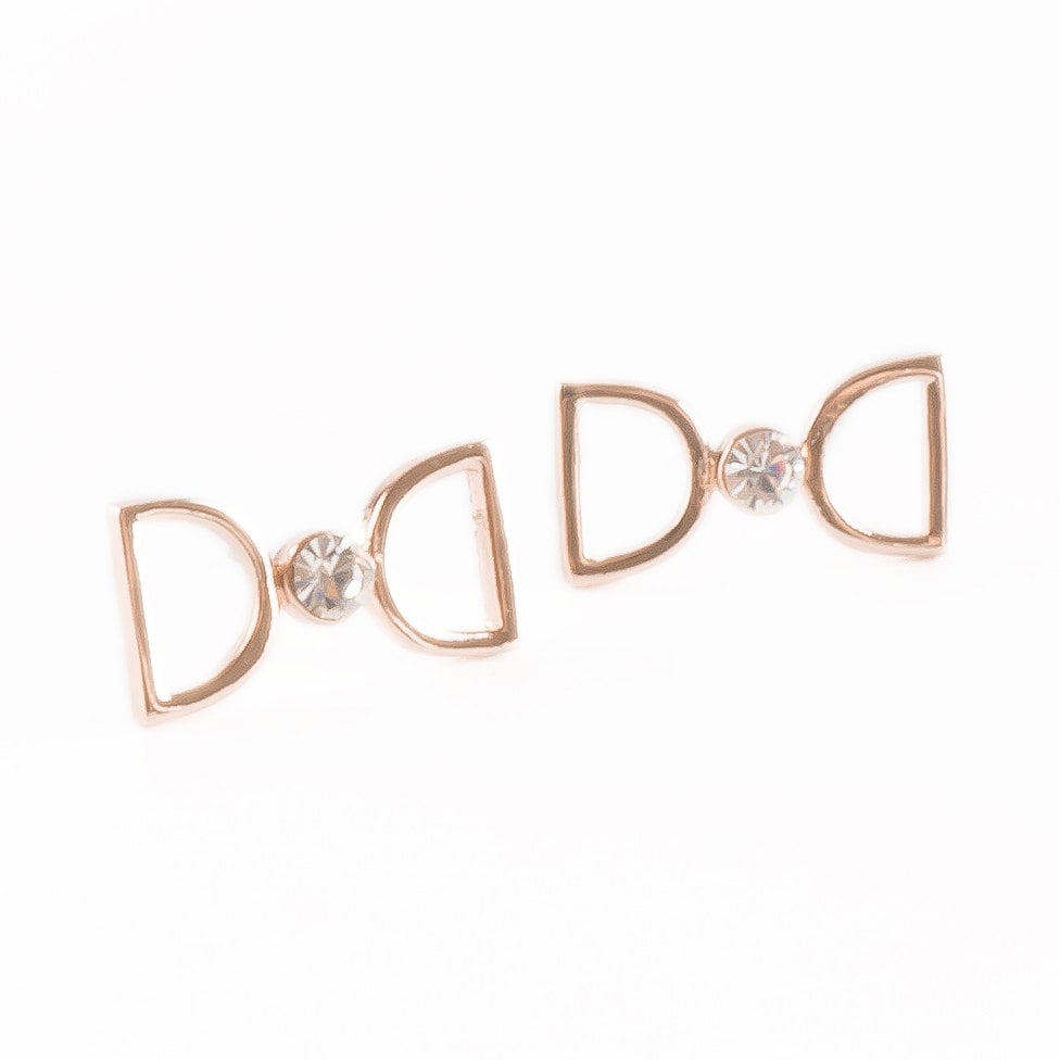 Fancy Ribbon Cute Rose Gold Plated Single Crystal Bow Tie Stud Earring Image 3