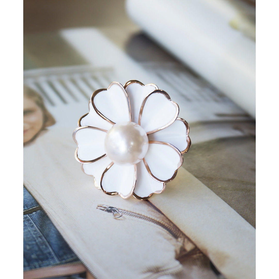 White Camellia Flower Petal Ring with Faux Pearl Center- Size 7 Image 1