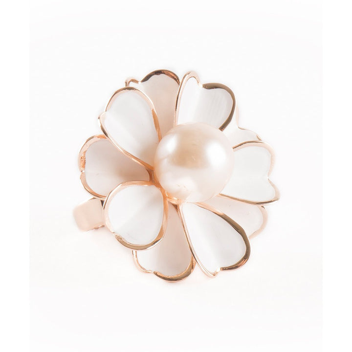 White Camellia Flower Petal Ring with Faux Pearl Center- Size 7 Image 2