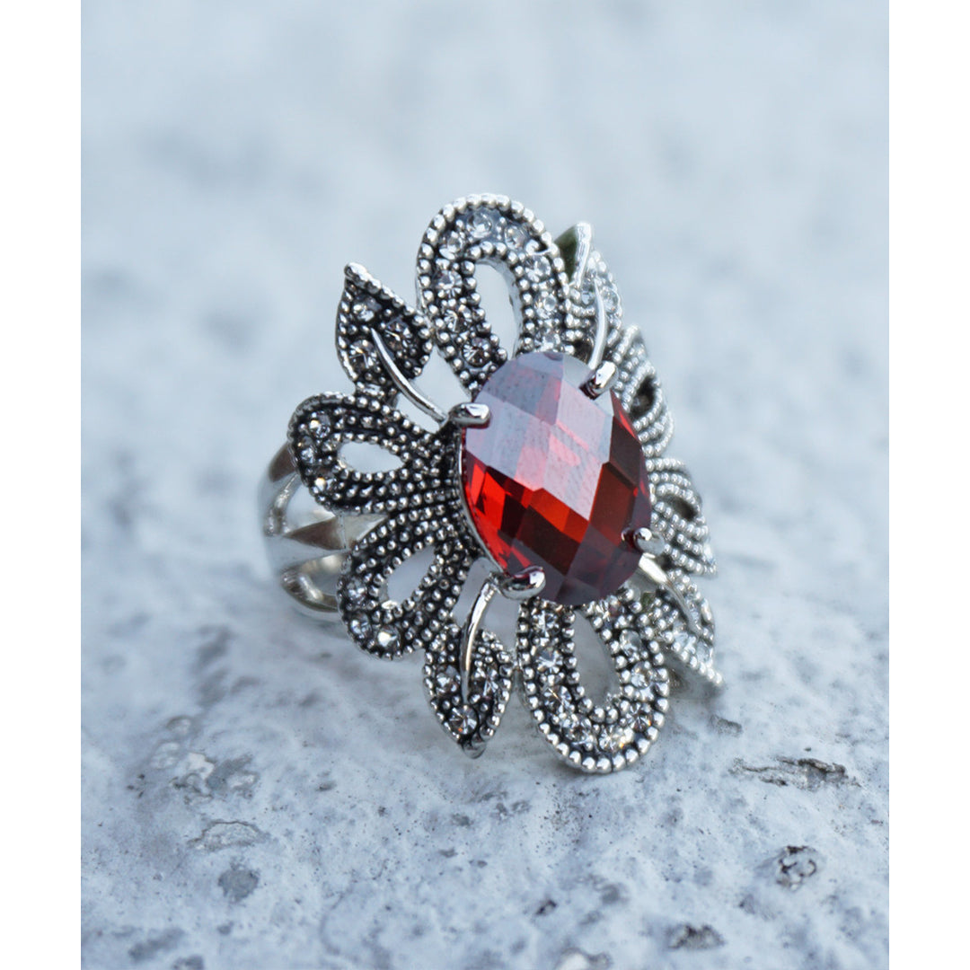 Red Ruby Stone Arabesque Style Petals and Clear Crystals Pave Stones in A Sterling Silver Plated Ring Image 1