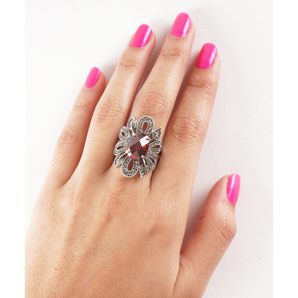 Red Ruby Stone Arabesque Style Petals and Clear Crystals Pave Stones in A Sterling Silver Plated Ring Image 2