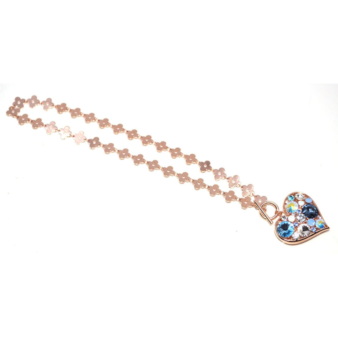 Heart Shaped Charm Necklace With Blue Colored Zircon Crystals And Rose Gold Plated Chain Image 1