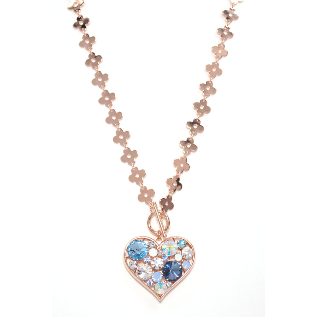 Heart Shaped Charm Necklace With Blue Colored Zircon Crystals And Rose Gold Plated Chain Image 3