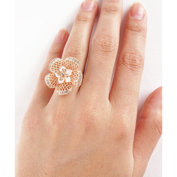 Womens Beautiful Net Rose Gold Plated Genuine Fashion Flower Ring Image 3