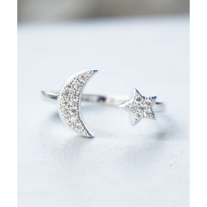 Dainty Crescent Moon Star Ring with Pave Crystals in Matte Gold or Silver Plated Image 2
