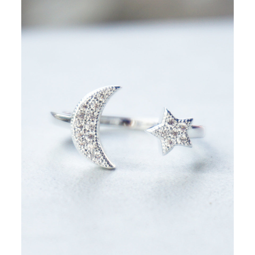 Dainty Crescent Moon Star Ring with Pave Crystals in Matte Gold or Silver Plated Image 1