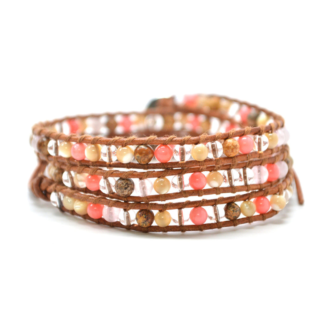 The Coral Paradise - 23" Coral Pink Light Sand and Clear Beaded Brown Leather Wrap Bracelet Image 1