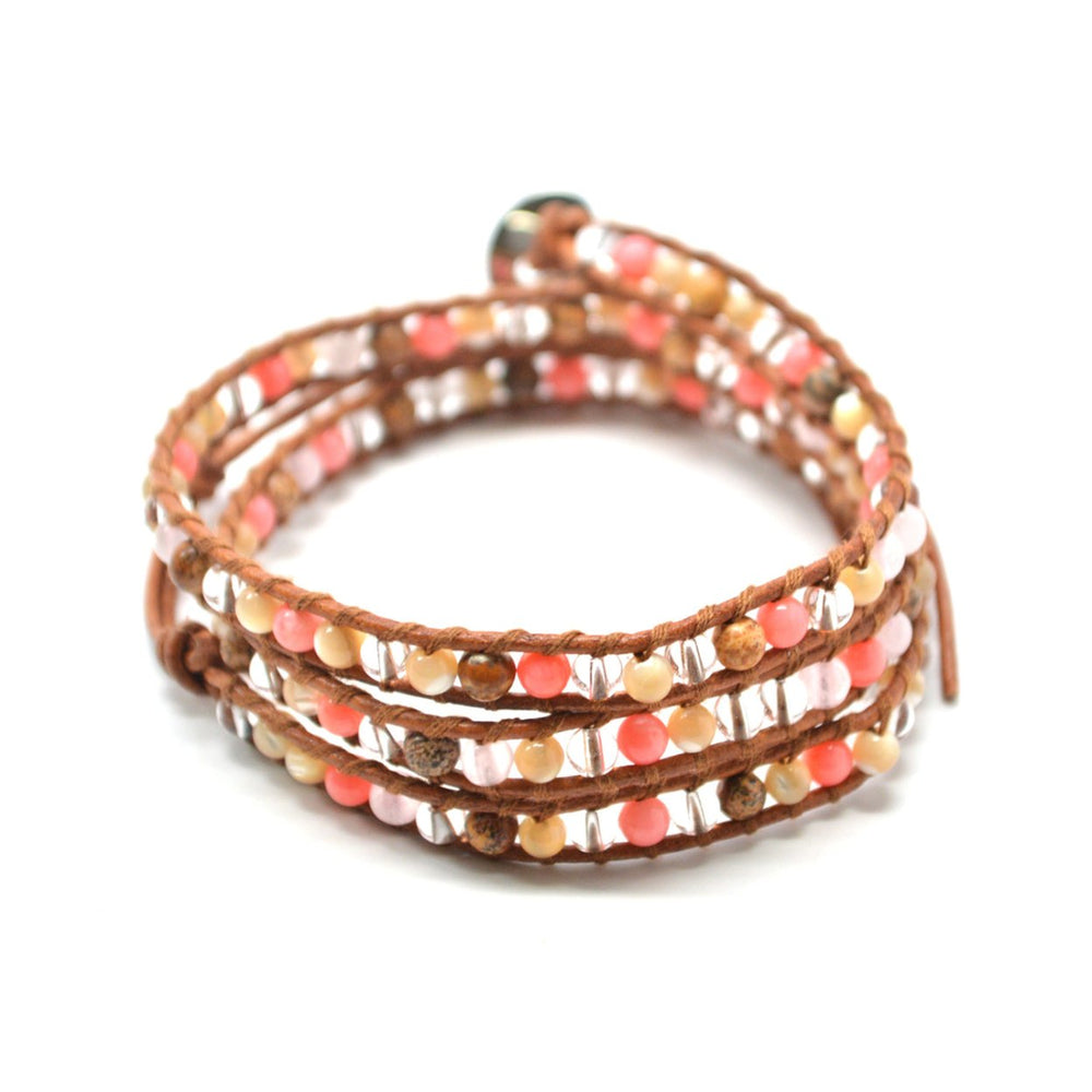 The Coral Paradise - 23" Coral Pink Light Sand and Clear Beaded Brown Leather Wrap Bracelet Image 2